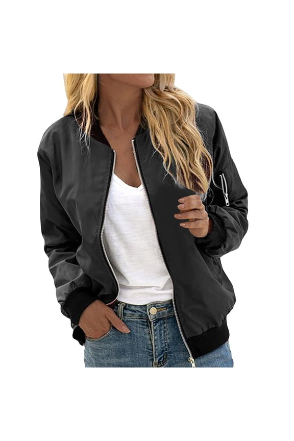 JUMESG Lightweight Bomber Jacket Women Women's Jacket Lightweight Bomber Jackets 5 Pockets Windbreaker Zip-up Casual Moto Outwear (Black,S)