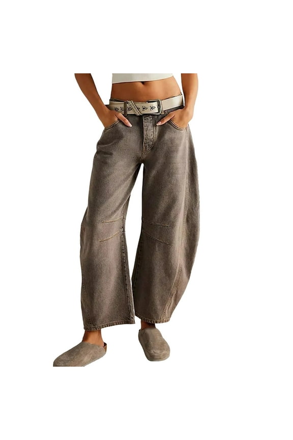 JUMESG Mid Rise Barrel Jeans for Women Wide Leg Mid Waist Cropped Denim Pants Baggy Boyfriend Jeans with Pockets (Coffee,XXL)