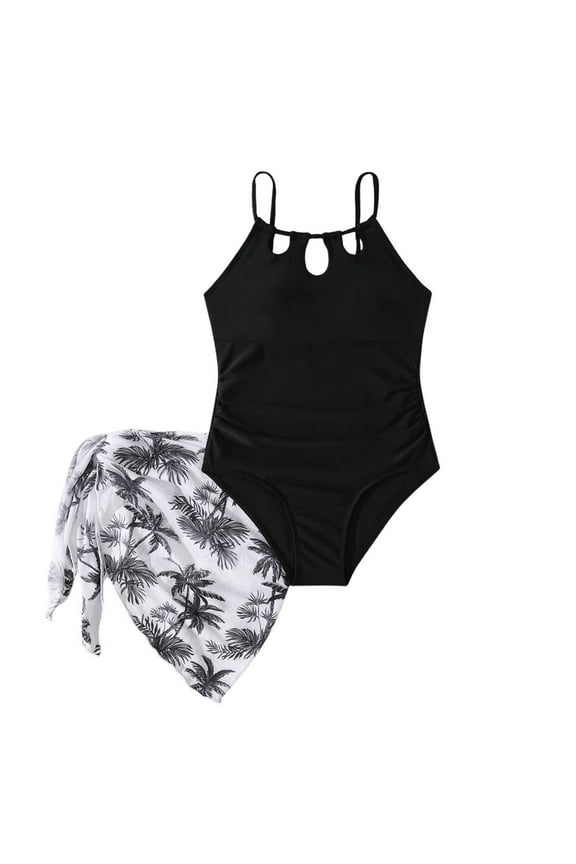 JUMESG One Piece Swimsuit for Girls Bathing Suit with Mesh Cover Ups Adjustable Straps Cut Out Swimwear 7-13 Years (Black,9-10 Years)