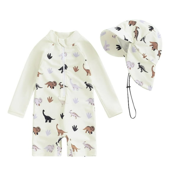 JUMESG Rashguard Swimsuit Boys Baby Boys One Piece Swimsuit Long Sleeve UPF 50+ Rash Guard Bathing Suit Swimwear with Sun Hat 0 3 6 12 18 24 Months 2T 3T 4T (White,3-6 Months)