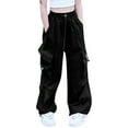 thumbnail image 1 of JUMESG School Pants for Girls Girls Cargo Pants Joggers Slim Fit with Pockets Kids Lightweight Drawstring High Waisted (Black,11-12 Years), 1 of 4