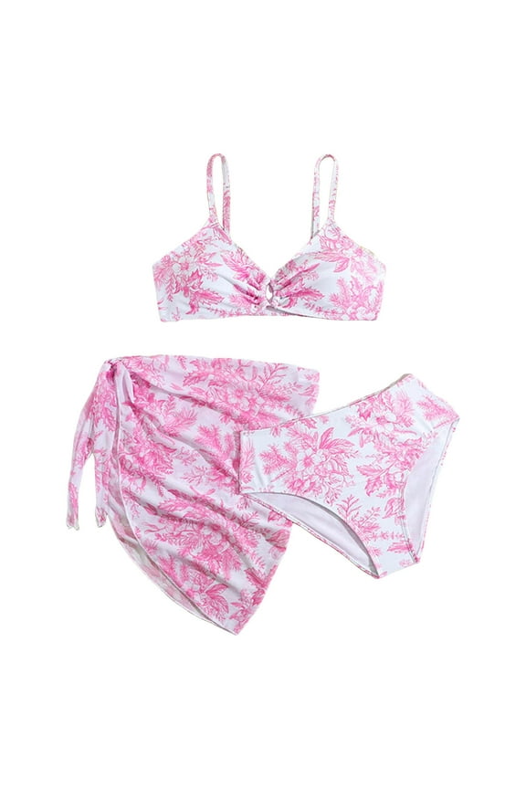 JUMESG Swimming Suit for Girls Girls' 3 Piece Set Floral Print Bikini Swimsuit with Drawstring Beach Skirt Cute Ruched Bathing Suit,Red 12-13 Years