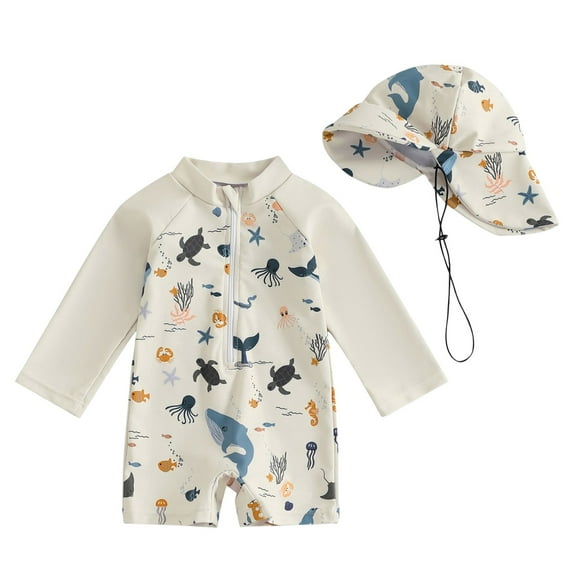 JUMESG Swimsuit Boys Rashguard Toddler Baby Boy Swimsuit Rash Guard Fish Golf Pattern Snap Button Long Sleeve Swimwear with Swim Cap 0 3 6 12 18 24 Months 2T 3T 4T (White,0-3 Months)