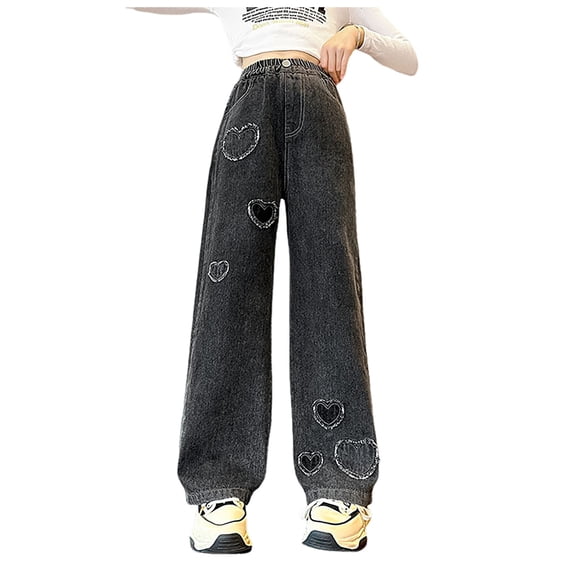 JUMESG Teen Girl Jeans Girl's Y2K Heart Applique Elastic High Waist Jeans Wide Leg Loose Denim Pants Black,6-7 Years