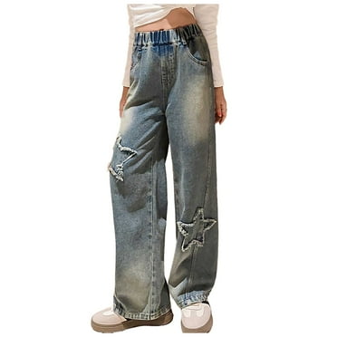 JUMESG Teen Girl Jeans Kids Girls Elastic Waist Cool Ripped Jeans Washed Denim Wide Leg Ripped Denim Jean Dark Blue,10-11 Years
