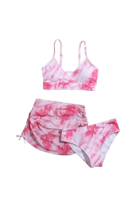 JUMESG Teen Girls Swimsuit 3 Piece V-Neck Color Block Floral Print Bikini Set with Cover Up Skirt Swimwear Bathing Suits 8-14 Years (Pink,9-10 Years)