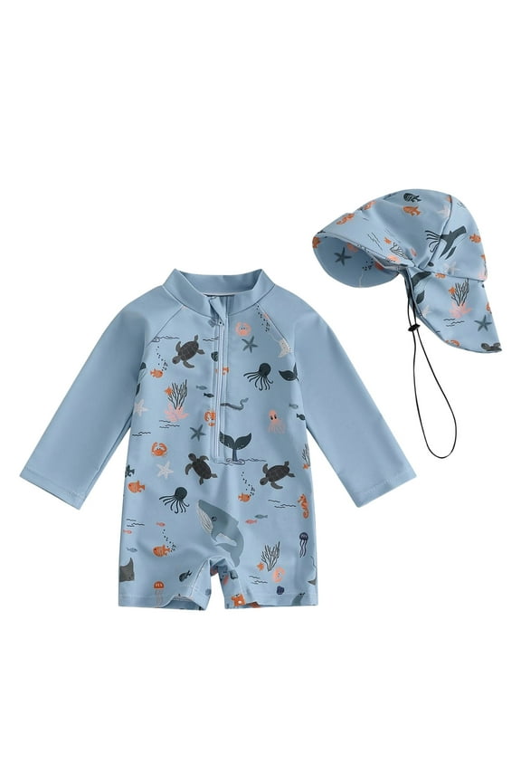 JUMESG Toddler Swimsuits for Boys Baby Boy Rash Guard Swimsuit Long Sleeve One Piece Zipper Swimwear Sunsuit Bathing Suit Beachwear Hat 0 3 6 12 18 24 Months 2T 3T 4T (Grey,6-12 Months)