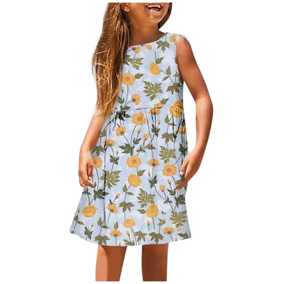 JUMESG Tutu for Toddler Girls Toddler Vintage Floral Girls Strap Dress Summer Casual Tea Party Beach Sundress (Light Blue,7-8)