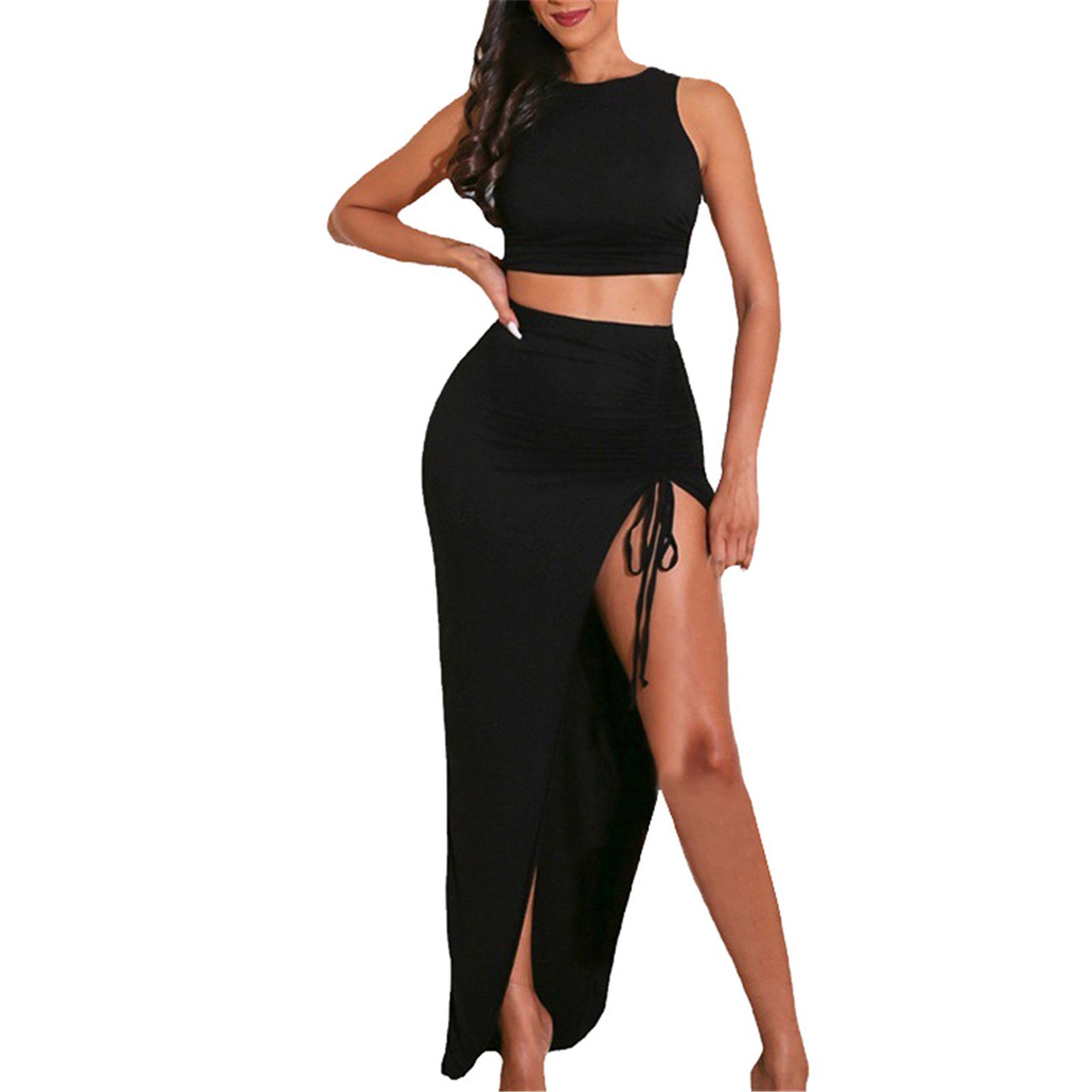 JUMESG Two Piece Skirt Set for Women Sexy 2 Piece Maxi Skirt Sets for Women Knit Bodycon Crop Tank Top and High Slit Skirt Dress Set Summer Outfits Black XL Walmart