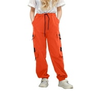 JUMESG Uniform Pants for Girls Cargo Pants for Girls Wide Leg Parachute Pants Trousers Lightweight Kids Joggers (Orange,9-10 Years)