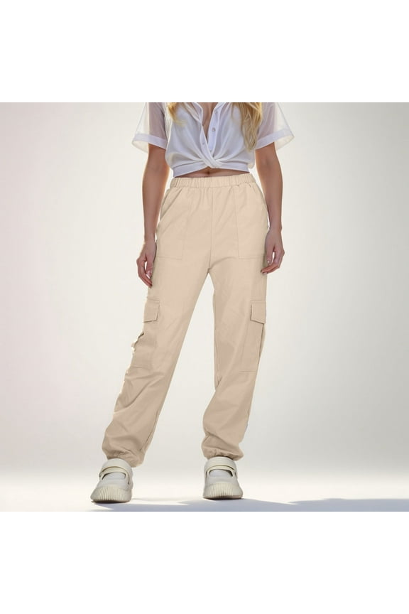 JUMESG Uniform Pants for Girls Girls' Plaid Wide Leg Pants Loose High Waist Elastic Waist Trousers Trendy Slant Pocket Pants (Khaki,8-9 Years)