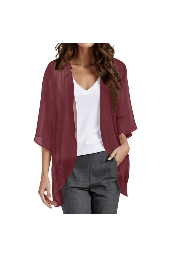 JUMESG Women Chiffon Kimono Cardigan,Dressy 3/4 Sleeve Chiffon Open Front Lightweight Summer Blouse Tops,Sheer Beach Cover Up (,XXXL)