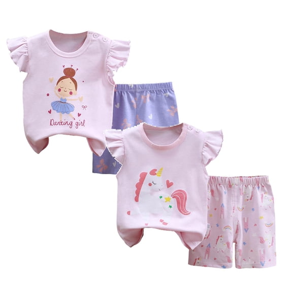 JUMESGU Cute Girls Outfits Girls Short Sleeve T-Shirt and Shorts Set for Big Kids And Toddler (Pink & Dark Purple,2-3 Years)
