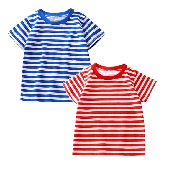 JUMESGU Cute Summer Outfits for Girls Girls Lettuce Trim Short Sleeve Summer Ribbed Knit Crewneck Casual T Shirt Tops Blouse (Blue & Red,12-18 Months)