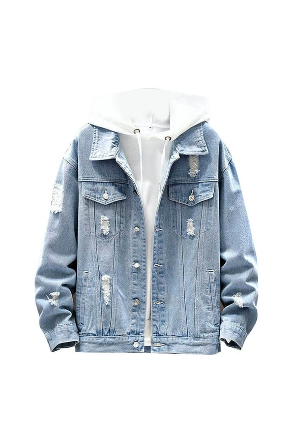Men's Jean Jacket Ripped Distressed Denim Trucker Coat with Holes (Light Blue,XXL)