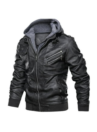 Hooded patchwork slim men's leather jacket on sale