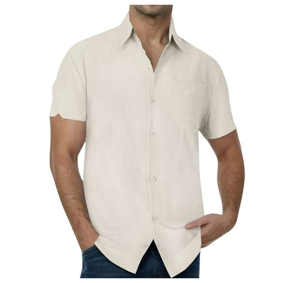 JUMESGU Men's Short Sleeve Dress Shirts Stretch Casual Button Down Shirts Solid Formal Shirt (Beige,XXXL)