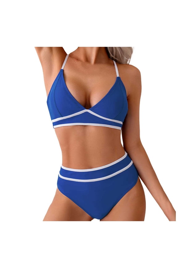 Women's Ribbed Bikini Sets Scoop Neck Cheeky Swimsuit Textured Two Piece Bathing Suit Bikini Sets for Girl(Blue,L)