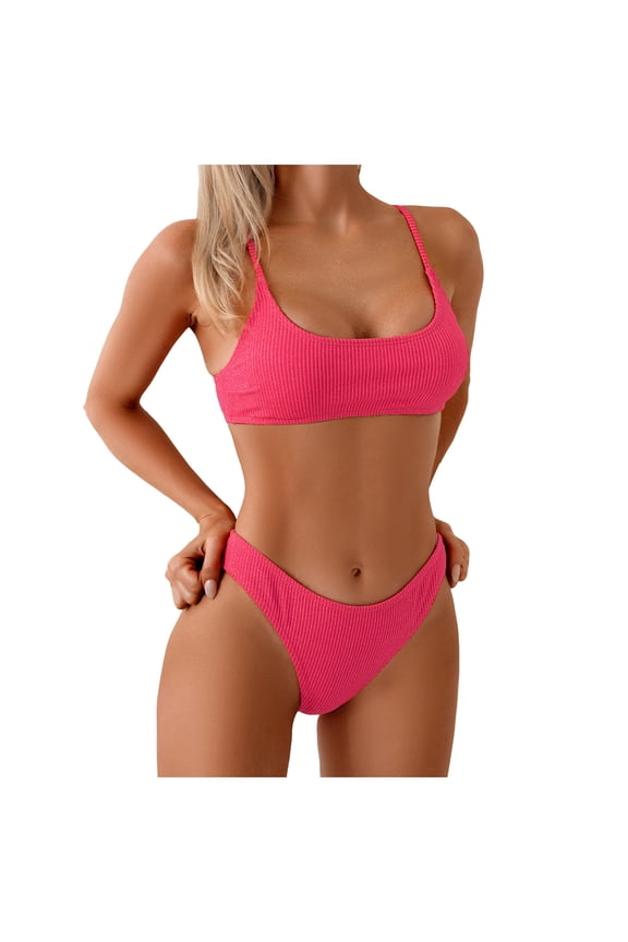 Women's Ribbed Bikini Sets Scoop Neck Cheeky Swimsuit Textured Two Piece Bathing Suit String Bikini(Hot Pink,M)