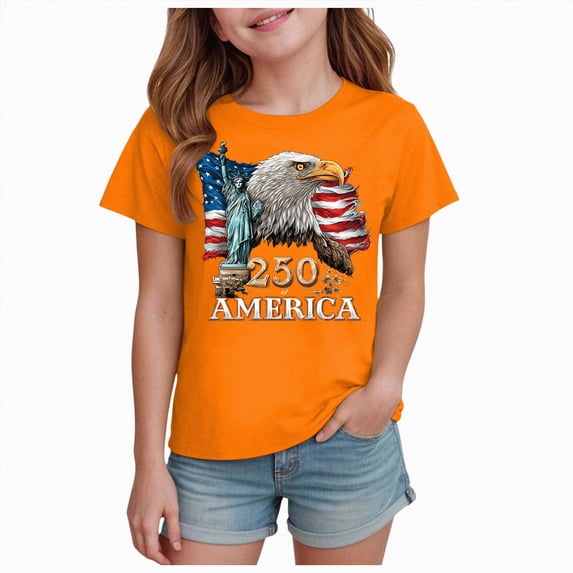 JUMEYU 4th of July Toddler Shirt 4th of July Shirts for Girl's USA 250 Years T-Shirt, American Patriotic Theme Tops Size 7-8 (Orange,7-8 Years)