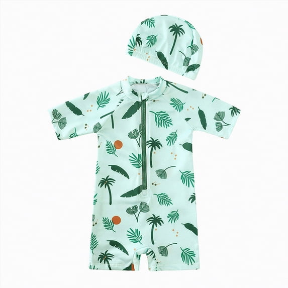 JUMEYU Baby Boy Bathing Suit One Piece Toddler Baby Boys Short Sleeve One Piece Rash Guard Swimsuit Zipper Bathing Suit Swimwear with Hat 9 12 Months (Mint Green,9-12 Months)