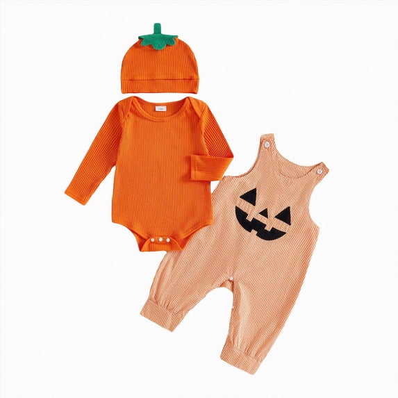JUMEYU Baby Boy Halloween Outfit Set Pumpkin Bodysuit Gingham Overalls and Hat 3 Piece Cute Costume Clothes (Orange,0-3 Months)