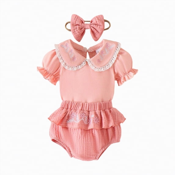 JUMEYU Baby Clothes for Girls Newborn Baby Girl Clothes Romper Shorts Set Short Sleeve Pure Color Rompers Top Elastic Floral Panel Shorts Headband 0 3 6 9 12 18 24 Months (Pink,9-12 Months)