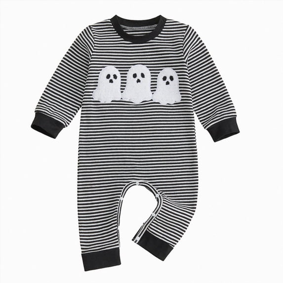 JUMEYU Baby Clothes Unisex Halloween Print, Snap Closure, Ghost Stripe Print (Black,0-3 Months)
