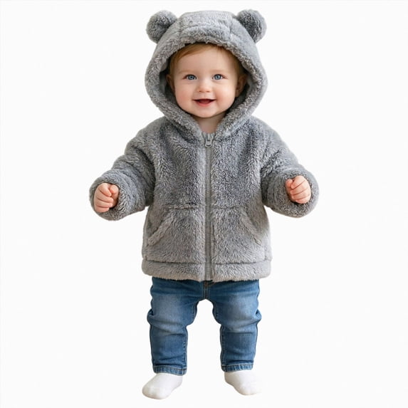 JUMEYU Baby Fleece Jackets Baby Girls Fuzzy Plush Hooded Jacket Sherpa Zip-Up Front Toddler Coat 12 18 Months (Grey,12-18 Months)
