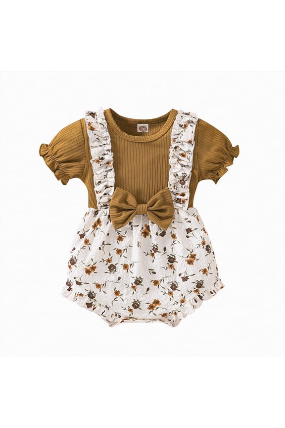 Baby Girl Bodysuit Newborn Baby Girl Short Sleeve Bodysuit Romper Casual 0 3 6 9 12 18 24 Months (Brown,3-6 Months)