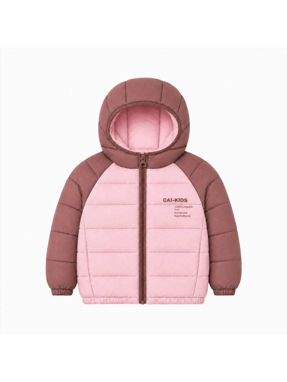 Baby Girl Coat Color-Block Hooded Puffer Jacket for Kids Zip-Up Coat with Logo (Pink,3-4 Years)