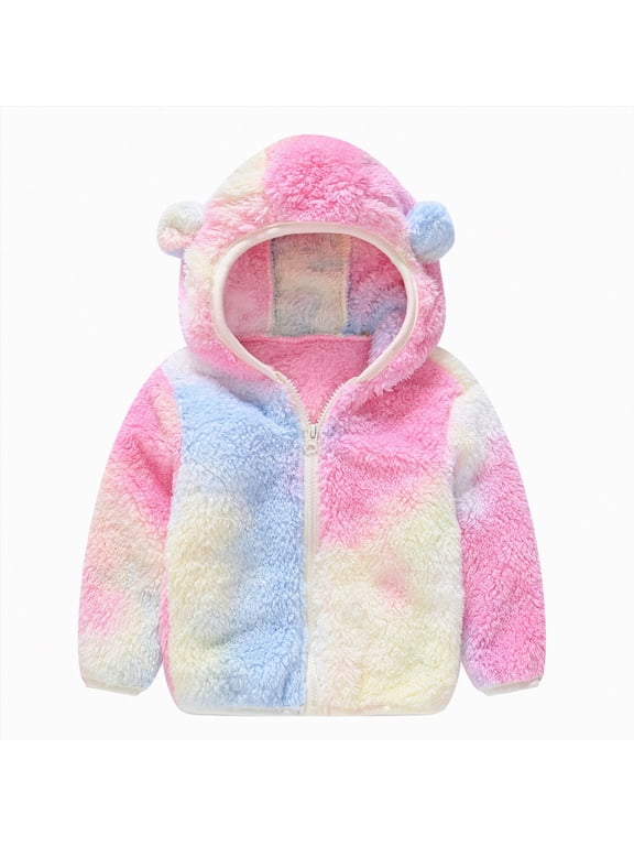 Baby Girl Fleece Jacket Toddler Girls Rainbow Tie-Dye Sherpa Hooded Jacket with Bear Ear 12 18 Months (Pink,12-18 Months)