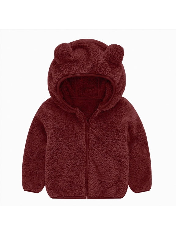 Baby Girl Jackets Toddler Fleece Hoodie Jacket with Bear Ear Zip-Up Winter Coat 12 18 Months (Wine,12-18 Months)