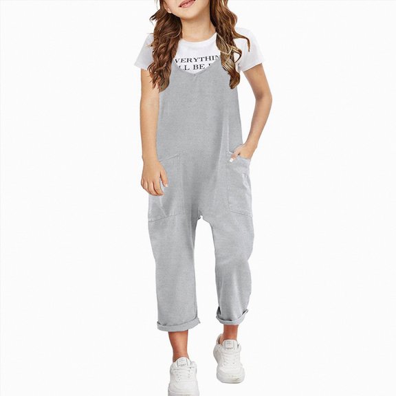 JUMEYU Baby Girl Romper Girls Jumpsuits Button Down Sleeveless Jumpsuits Long Romper Pants with Pockets 4T 5T (Grey,4-5 Years)