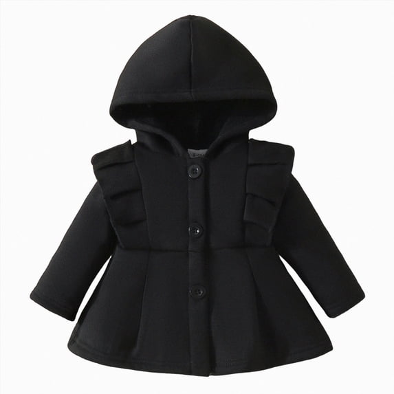 JUMEYU Baby Girl Winter Coat Infant Toddler Baby Girls Hooded Ruffle Button Coat Winter Outerwear 12 18 Months (Black,12-18 Months)