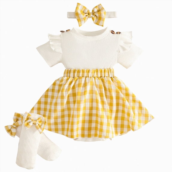 JUMEYU Baby Girls' Dresses Newborn Baby Girl Outfit Short Sleeve Romper Infant Cute Summer Clothes Set 0 3 6 9 12 18 24 Months (Yellow,12-18 Months)