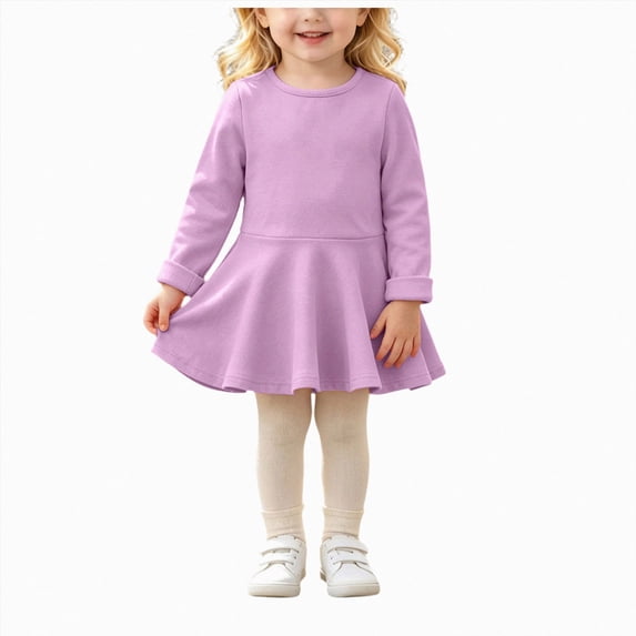 JUMEYU Baby Girls Ruffled Flannel Long Sleeve Medium Length Solid Color Casual Dress 18 24 Months (Purple,18-24 Months)