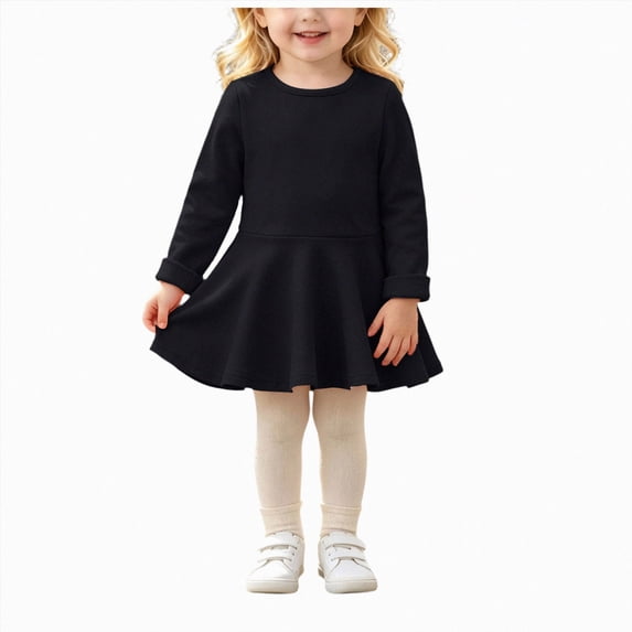 JUMEYU Baby Girls Ruffled Flannel Long Sleeve Medium Length Solid Color Casual Dress 9 12 Months (Black,9-12 Months)