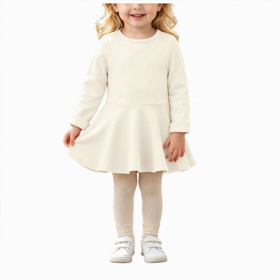 JUMEYU Baby Girls Ruffled Flannel Long Sleeve Medium Length Solid Color Casual Dress 9 12 Months (White,9-12 Months)