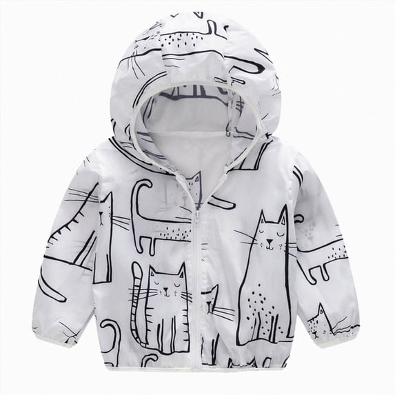 JUMEYU Baby Girls Sunscreen Jacket Cartoon Print Hooded Nylon Windbreaker Lightweight Zipper Coat for Toddler Sizes 12M-5Y (White,2-3 Years)
