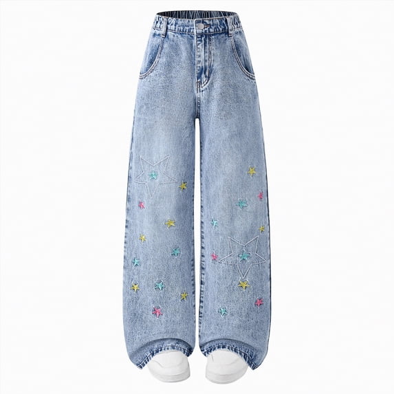JUMEYU Baggy Jeans for Teen Girls Girls Wide Leg Jeans Kids High Waisted Pants Stretch Long Pants with Pockets Size 10-12 (Blue,10-12 Years)