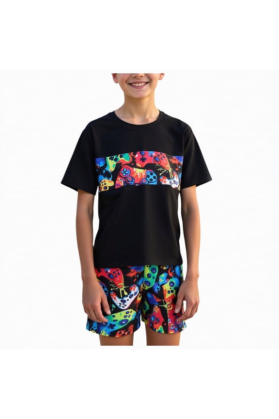 Bathing Suit for Boys Boys Rash Guard Set for Kids Boys 2 Piece Short Sleeve Swim Shirts with Trunks Quick Dry Bathing Suits Swim Set Size 9 Years (Black,9 Years)