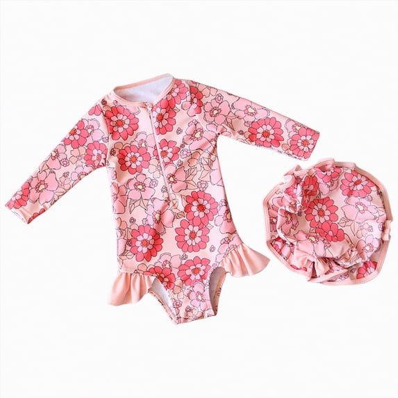 JUMEYU Bathing Suits for Girls Long Sleeve Girls Swimsuits One Pieces Long Sleeve Swimwear UPF50+ Toddler Kids Zipper Sun Protection Bathing Suits 12 18 Months (Pink,12-18 Months)