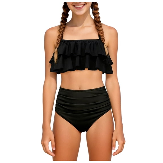 JUMEYU Bathing Suits for Girls Girls Tankini Swimsuits Two Piece Bathing Suit Ruffle Swimwear Set for Girls Size 7-8 Years (Black,7-8 Years)