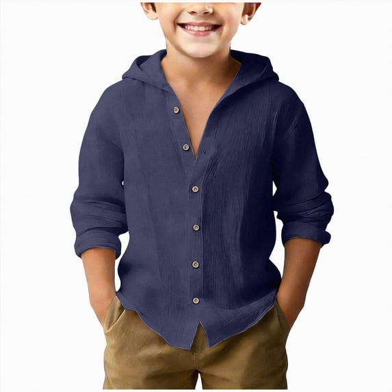 JUMEYU Big Boys Cotton Linen Hooded Solid Color Button Down Shirts Long Sleeve Summer Lightweight Collared Holiday Tops Size 13-14 (Navy,13-14 Years)