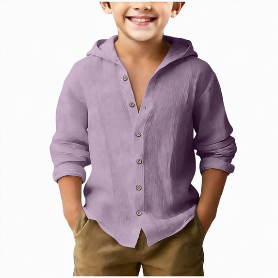 JUMEYU Big Boys Cotton Linen Hooded Solid Color Button Down Shirts Long Sleeve Summer Lightweight Collared Holiday Tops 4T 5T (Light Purple,4-5 Years)