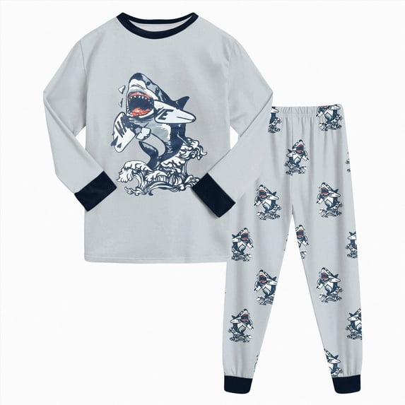 JUMEYU Big Boys Pajamas Set 2 Piece Graphics Pajama Long Sleeve Top and Pants Sleepwear 4T 5T (Light Gray,4-5 Years)