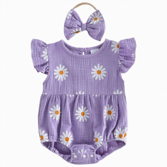 JUMEYU Boho Baby Girl Clothes Newborn Baby Girl Summer Clothes Vintage Floral Romper Round Neck Short Sleeve Bodysuit Jumpsuit 0 3 6 9 12 18 24 Months (Purple,12-18 Months)