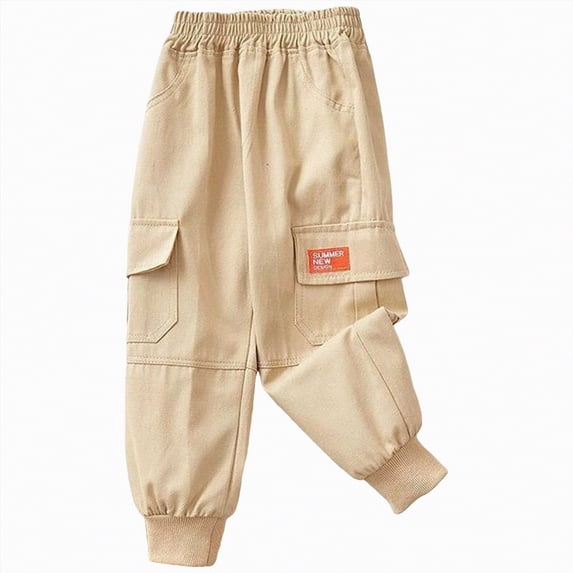 JUMEYU Boys Dress Pants Cargo Pants for Kid Boys Elastic Waist Wide Leg Side Pockets School Wear Pants for Kids Size 9-10 (Khaki,9-10 Years)
