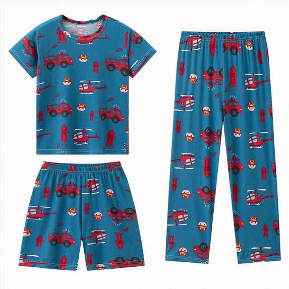 JUMEYU Boys Pajama Set 3 Piece Short Sleeve Shirt Shorts & Pants Kids Sleepwear PJs Size 13-14 (Blue,13-14 Years)